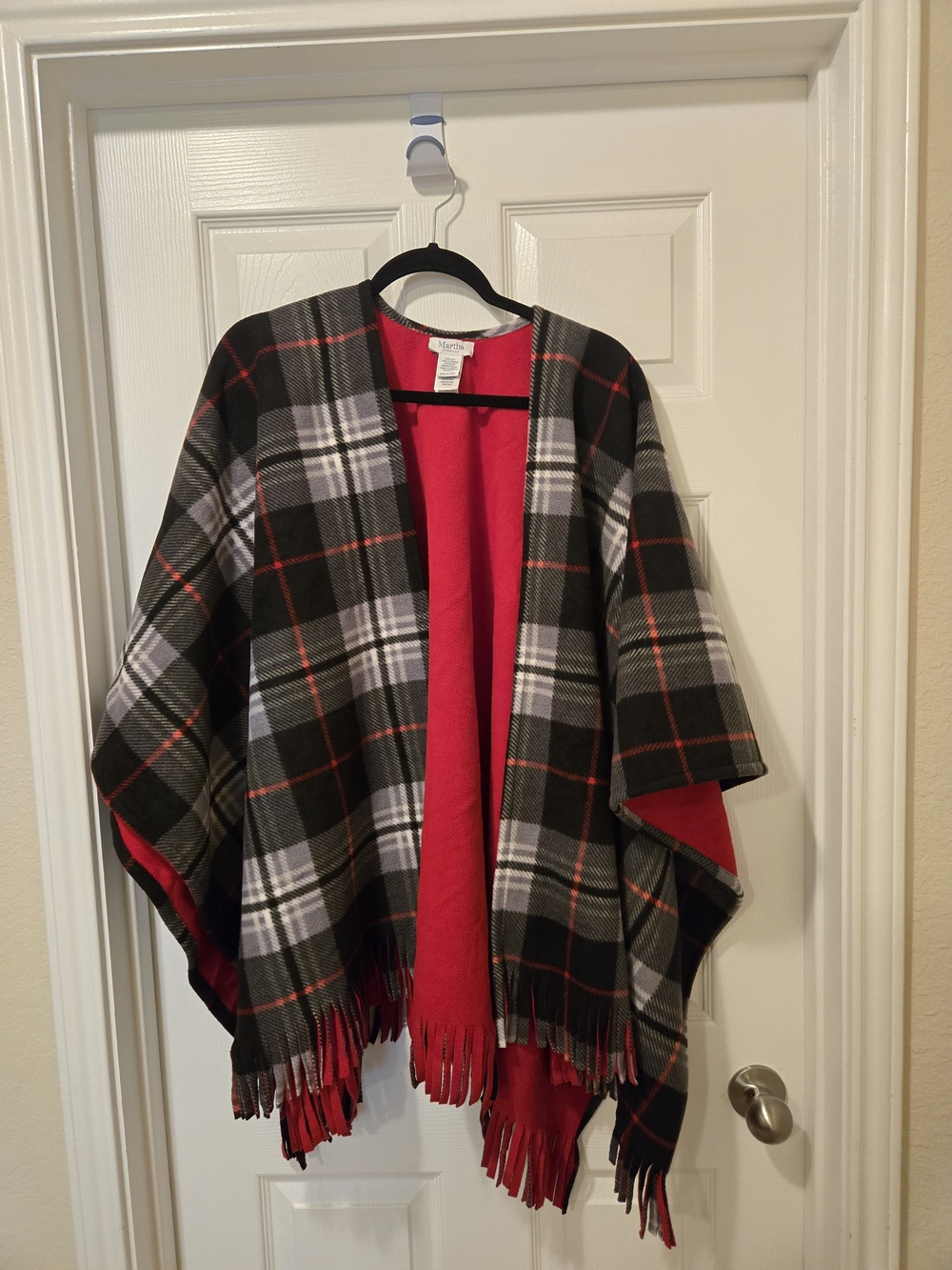 Plaid Fringe Poncho with Red Lining